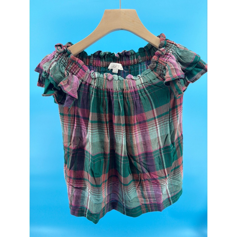 Loft Plaid Off The Shoulder Blouse Green Purple Ruffle Flutter Sleeve XXSP